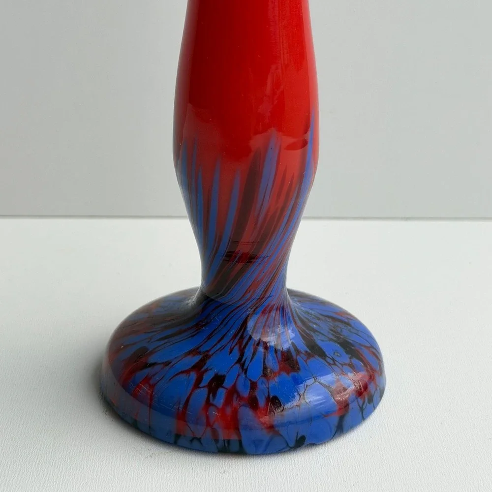 Vintage‎ Hand Blown Glass Bud Vase Red Blue Splatter Swirl Mid Century Retro